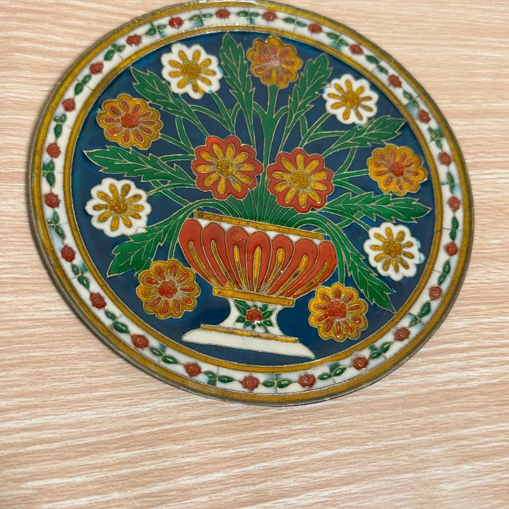 Vintage Small Metal Cloisonné Enameled Hand Painted Decorative Brass Wall Plate